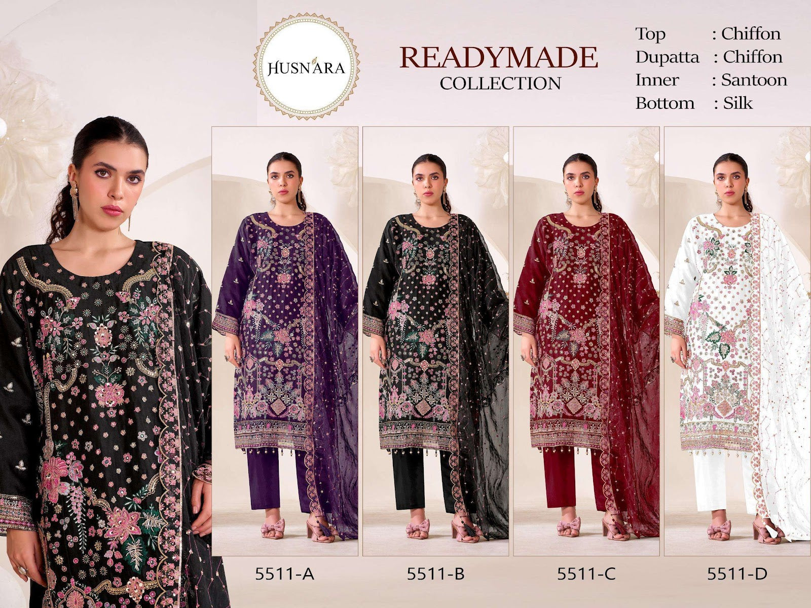 Design 5511 Husnara Chiffon Pakistani Readymade Suits Wholesale Price