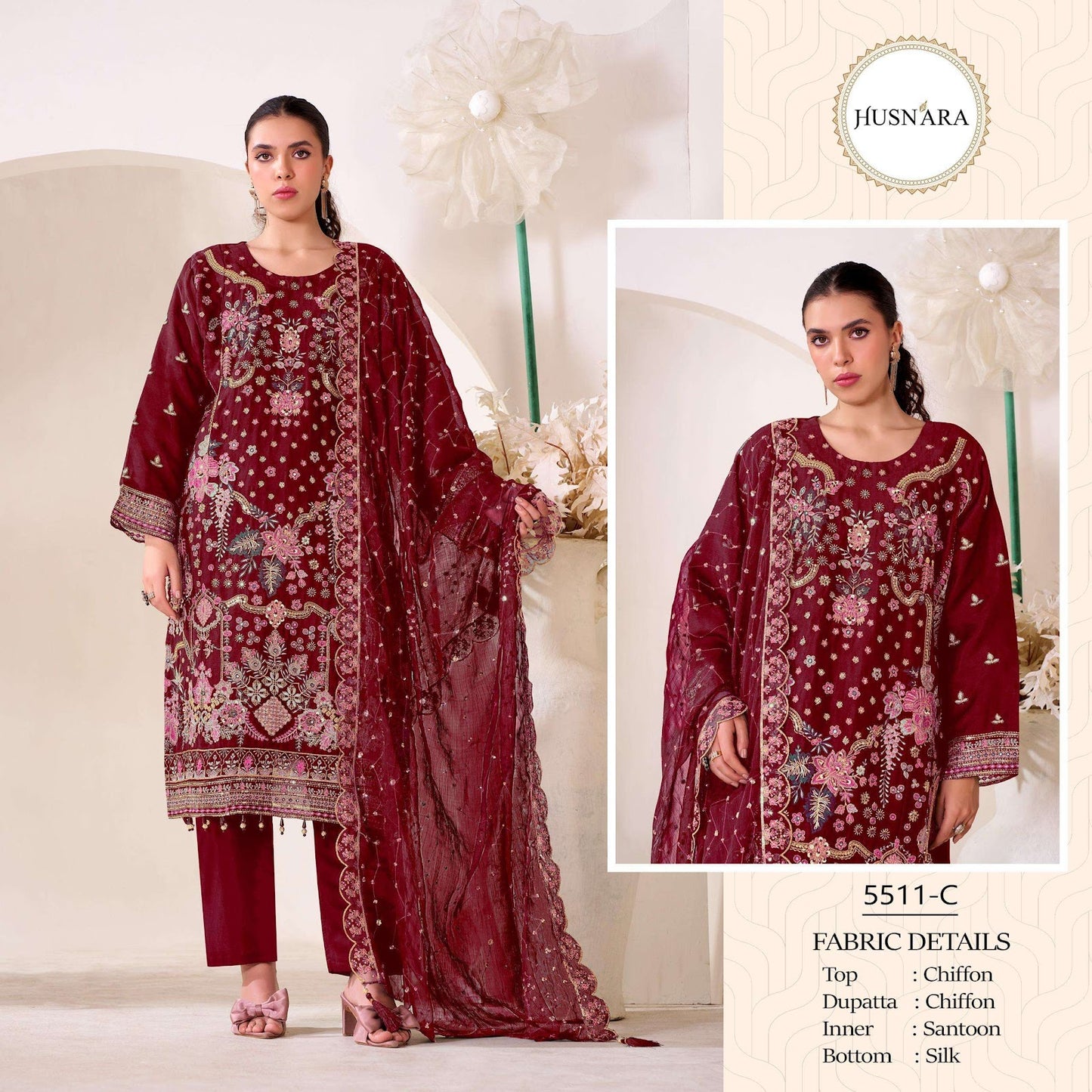 Design 5511 Husnara Chiffon Pakistani Readymade Suits Wholesale Price