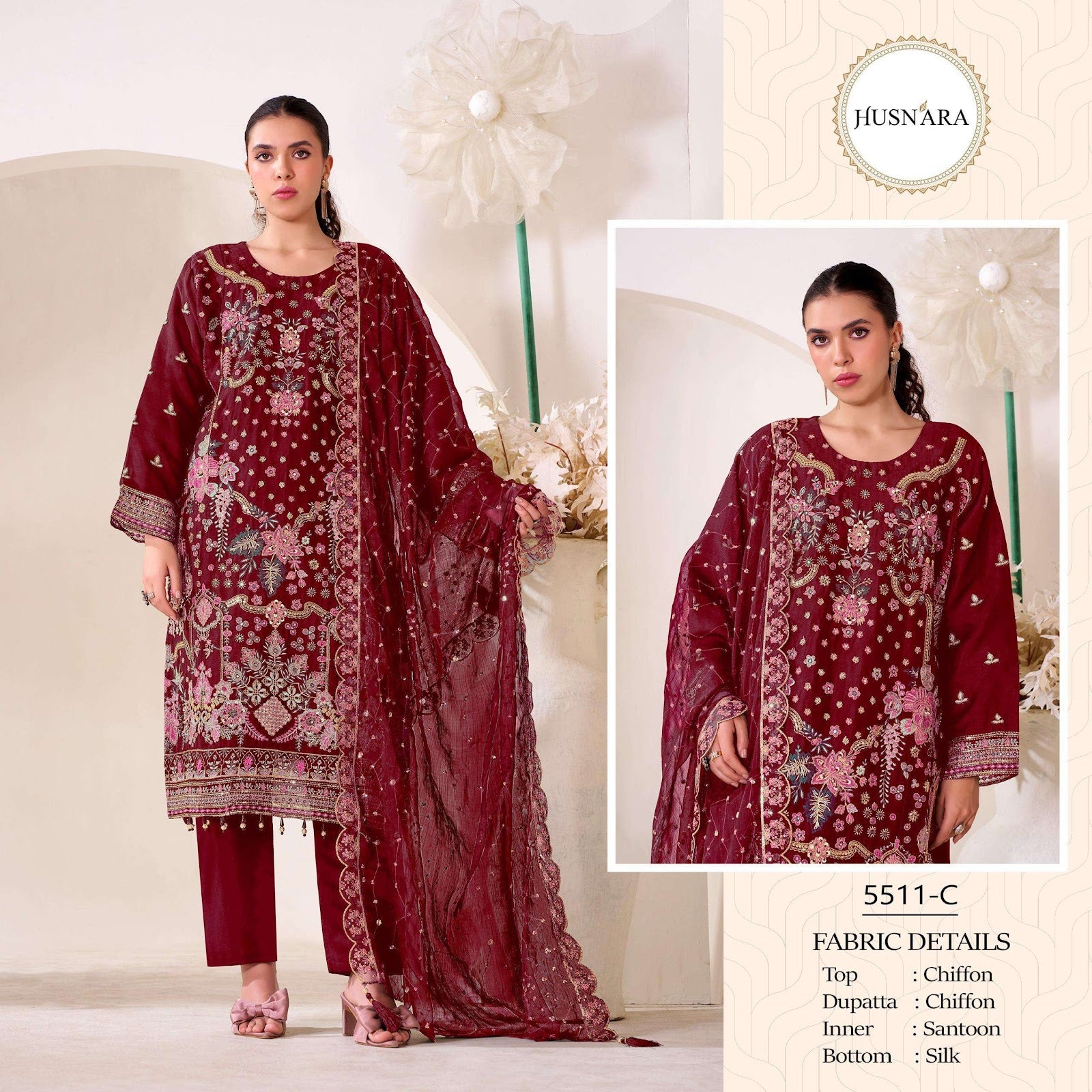 Design 5511 Husnara Chiffon Pakistani Readymade Suits Wholesale Price