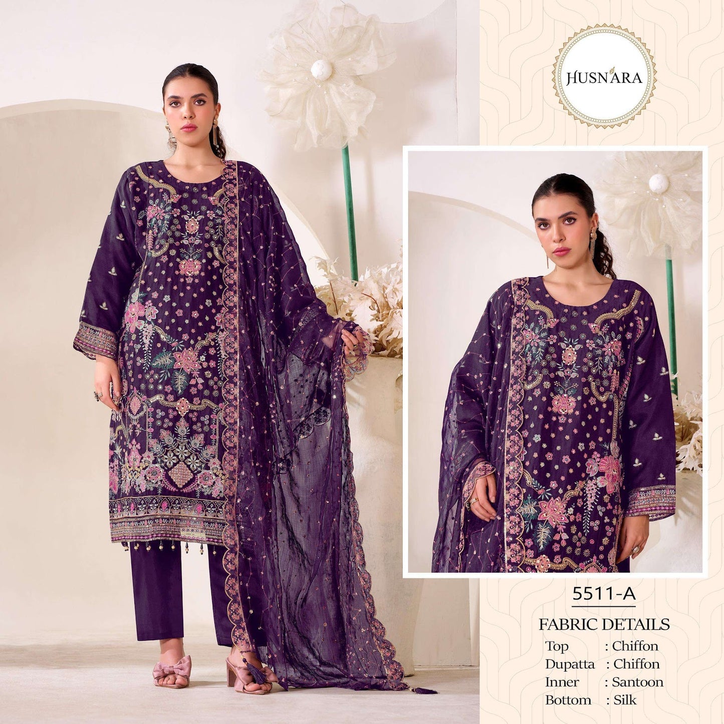 Design 5511 Husnara Chiffon Pakistani Readymade Suits Wholesale Price