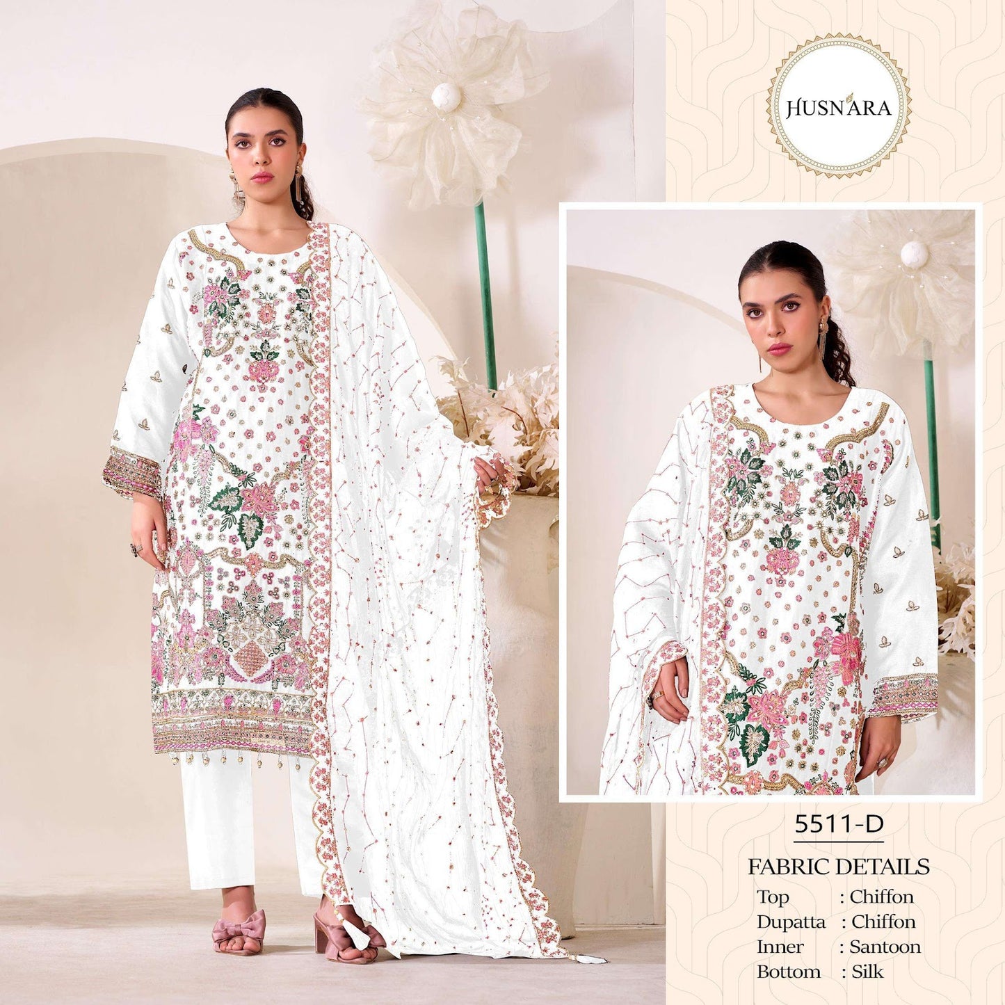 Design 5511 Husnara Chiffon Pakistani Readymade Suits Wholesale Price