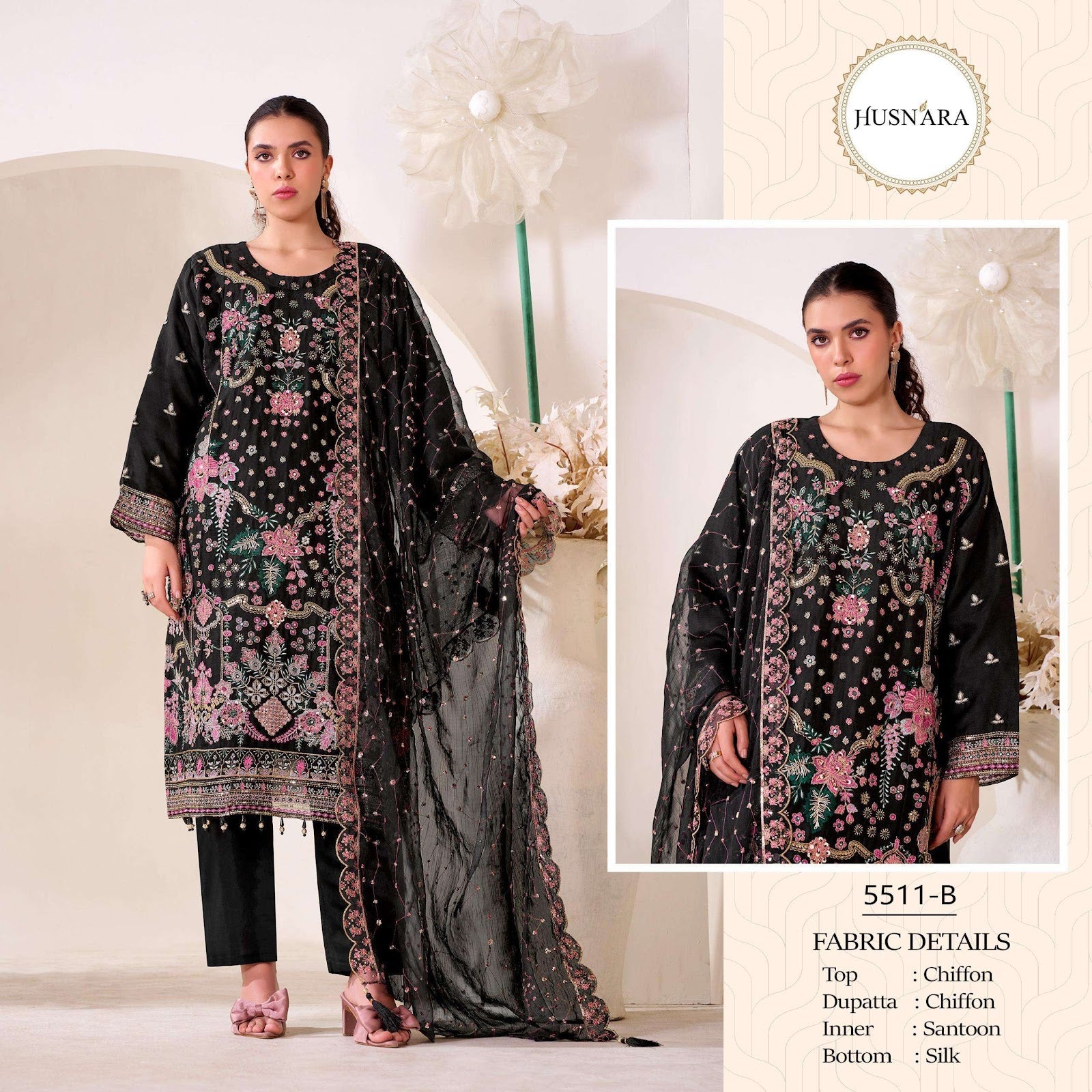 Design 5511 Husnara Chiffon Pakistani Readymade Suits Wholesale Price