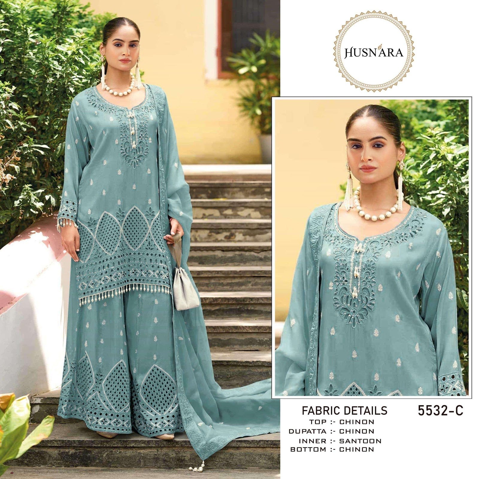 Design 5532 Husnara Chinon Pakistani Readymade Suits Supplier Gujarat