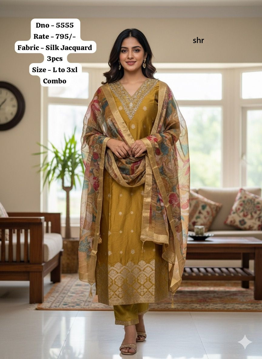 Design 5555-5559 Shr Silk Jacquard Readymade Pant Style Suits Supplier Gujarat