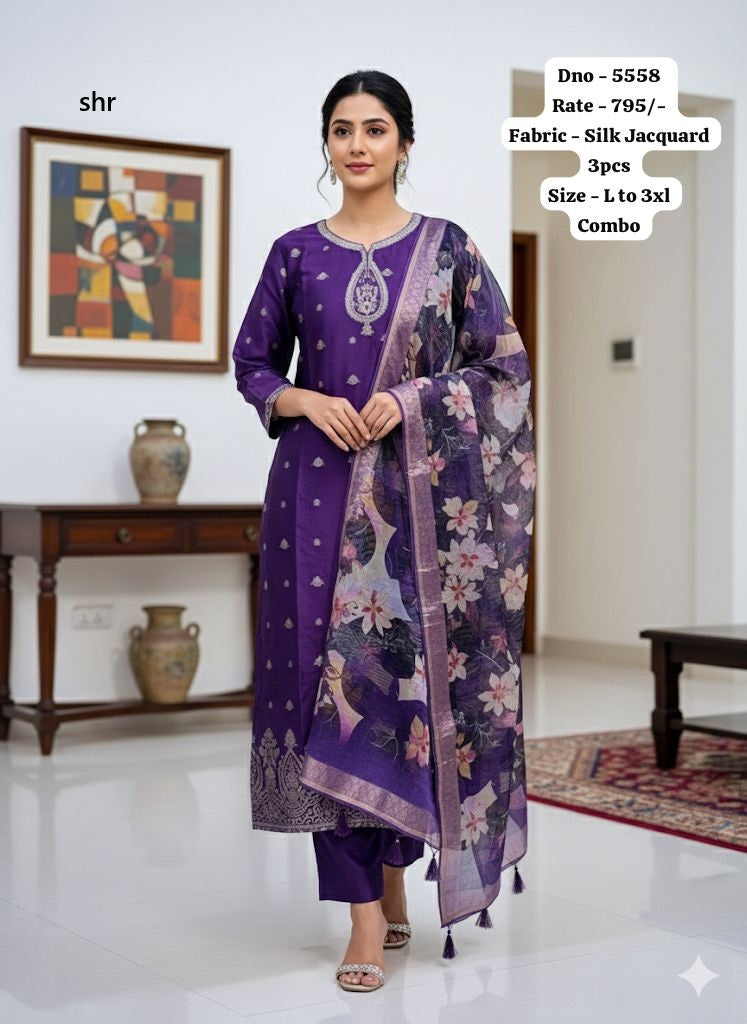 Design 5555-5559 Shr Silk Jacquard Readymade Pant Style Suits Supplier Gujarat