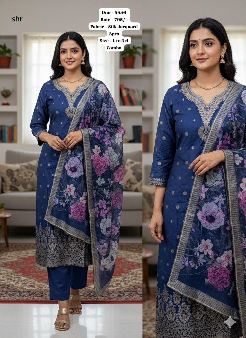 Design 5555-5559 Shr Silk Jacquard Readymade Pant Style Suits Supplier Gujarat