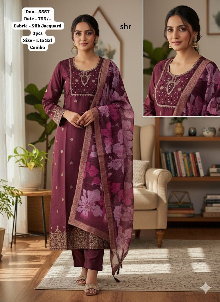 Design 5555-5559 Shr Silk Jacquard Readymade Pant Style Suits Supplier Gujarat