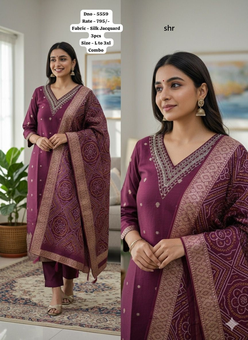 Design 5555-5559 Shr Silk Jacquard Readymade Pant Style Suits Supplier Gujarat