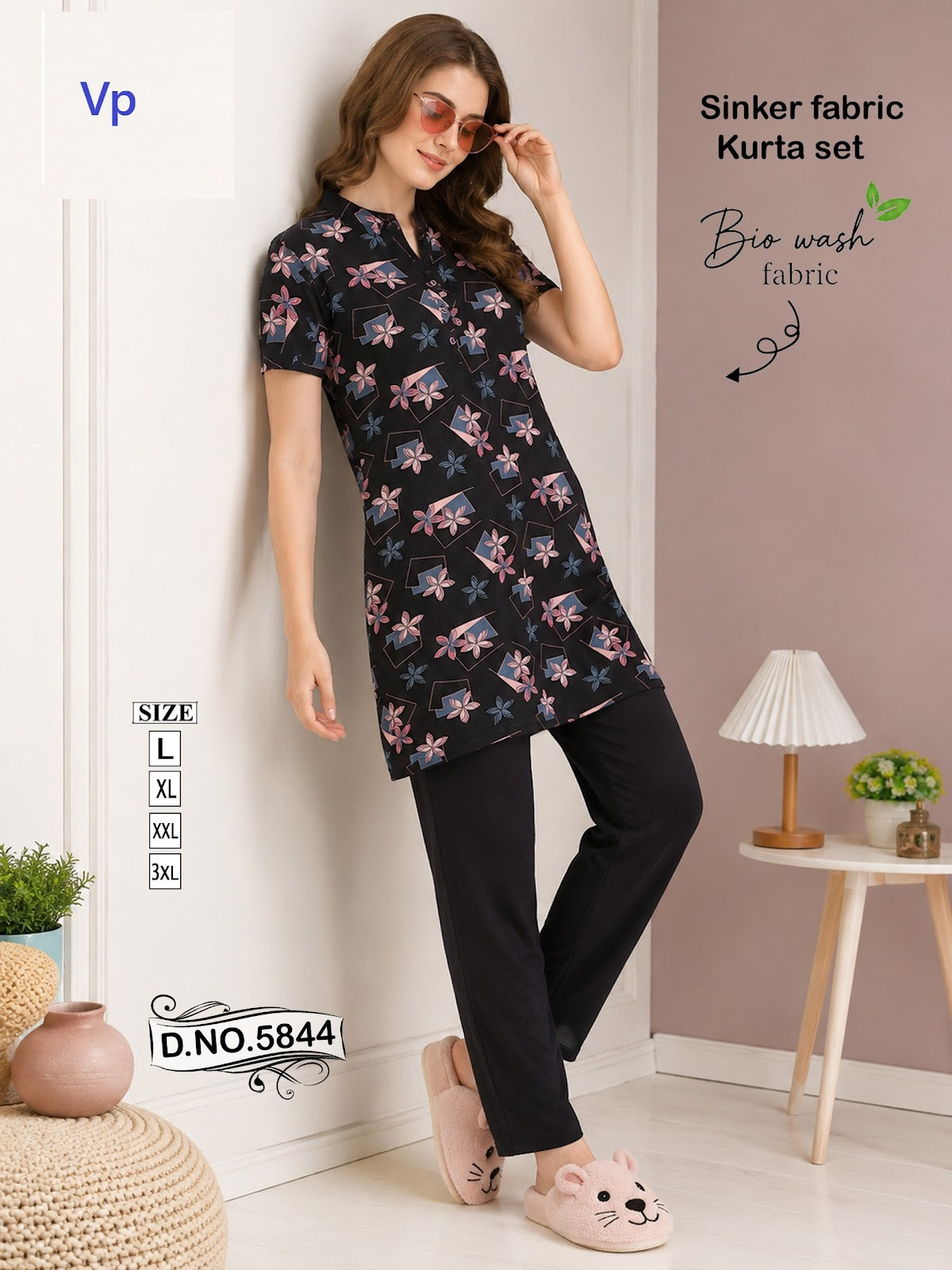 Design 5844 Vp Biowash Kurta Night Suits Wholesale