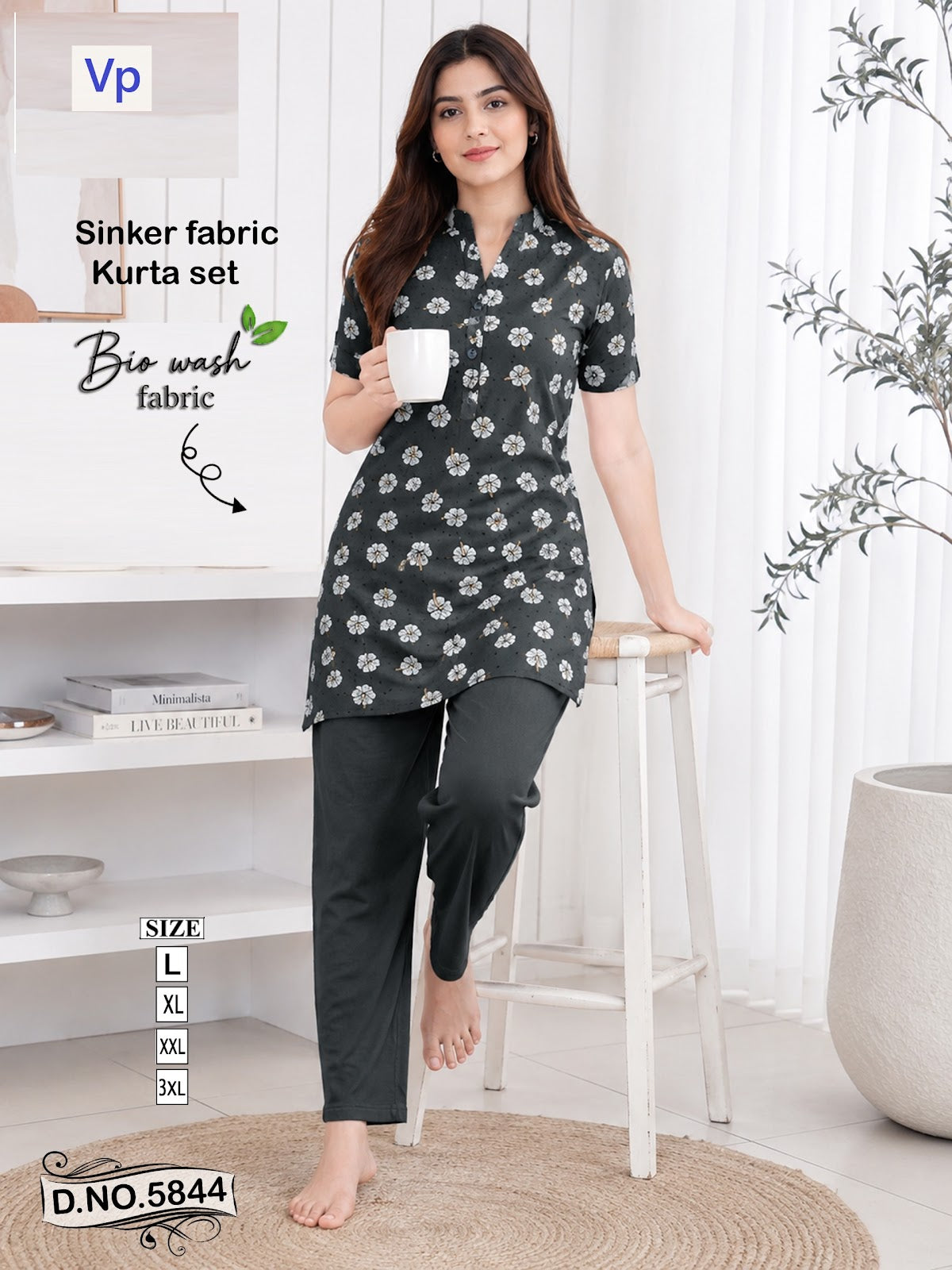 Design 5844 Vp Biowash Kurta Night Suits Wholesale