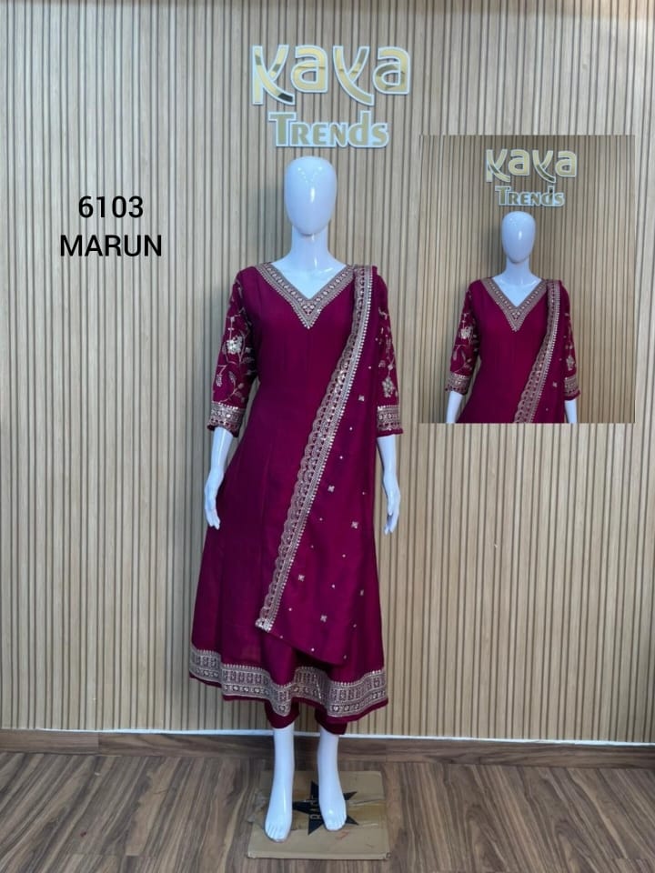 Design 6103 Kaya Vichitra Silk Readymade Anarkali Suits Wholesaler Gujarat