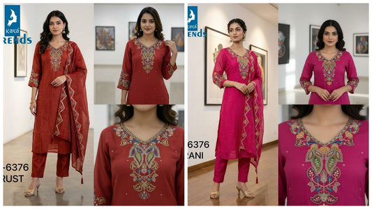Design 6376 Kaya Trends Mul Chanderi Readymade Pant Style Suits Supplier India