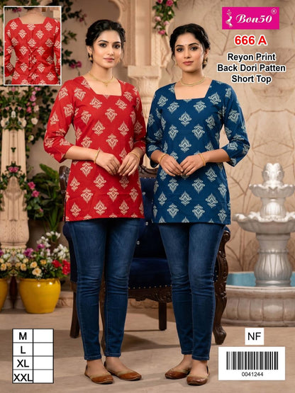 Design 666 Bon50 Reyon Short Kurtis Manufacturer India