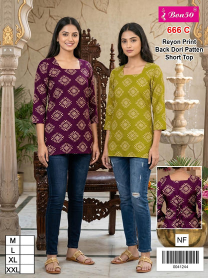 Design 666 Bon50 Reyon Short Kurtis Manufacturer India