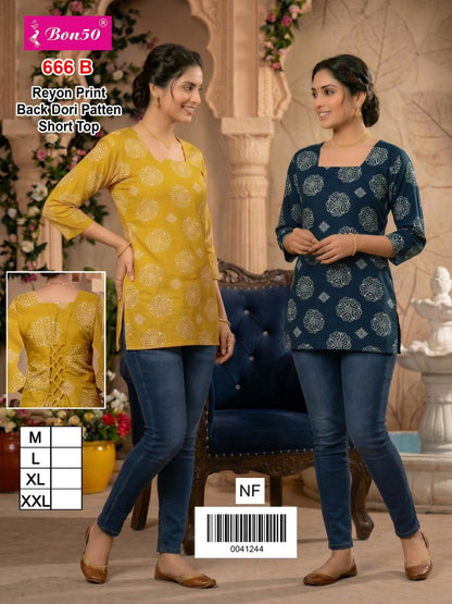 Design 666 Bon50 Reyon Short Kurtis Manufacturer India
