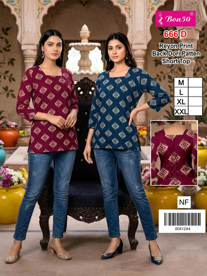 Design 666 Bon50 Reyon Short Kurtis Manufacturer India