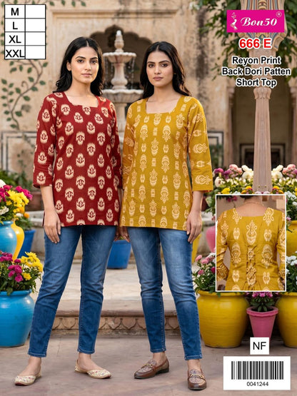 Design 666 Bon50 Reyon Short Kurtis Manufacturer India