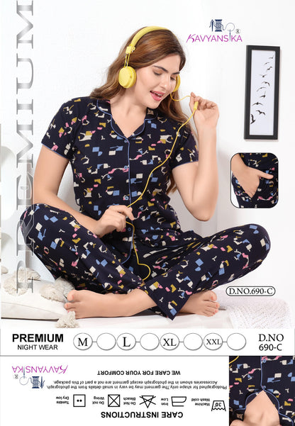 Design 690 Kavyansika Hosiery Cotton Collar Night Suits Wholesaler India
