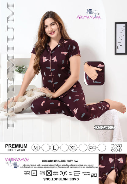 Design 690 Kavyansika Hosiery Cotton Collar Night Suits Wholesaler India