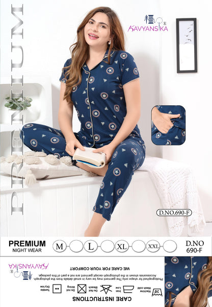 Design 690 Kavyansika Hosiery Cotton Collar Night Suits Wholesaler India