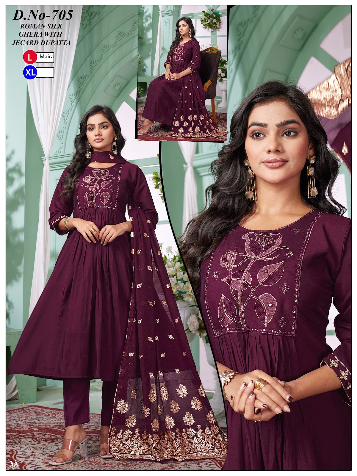 Design 701-706 Maira Roman Silk Readymade Anarkali Suits Manufacturer Ahmedabad