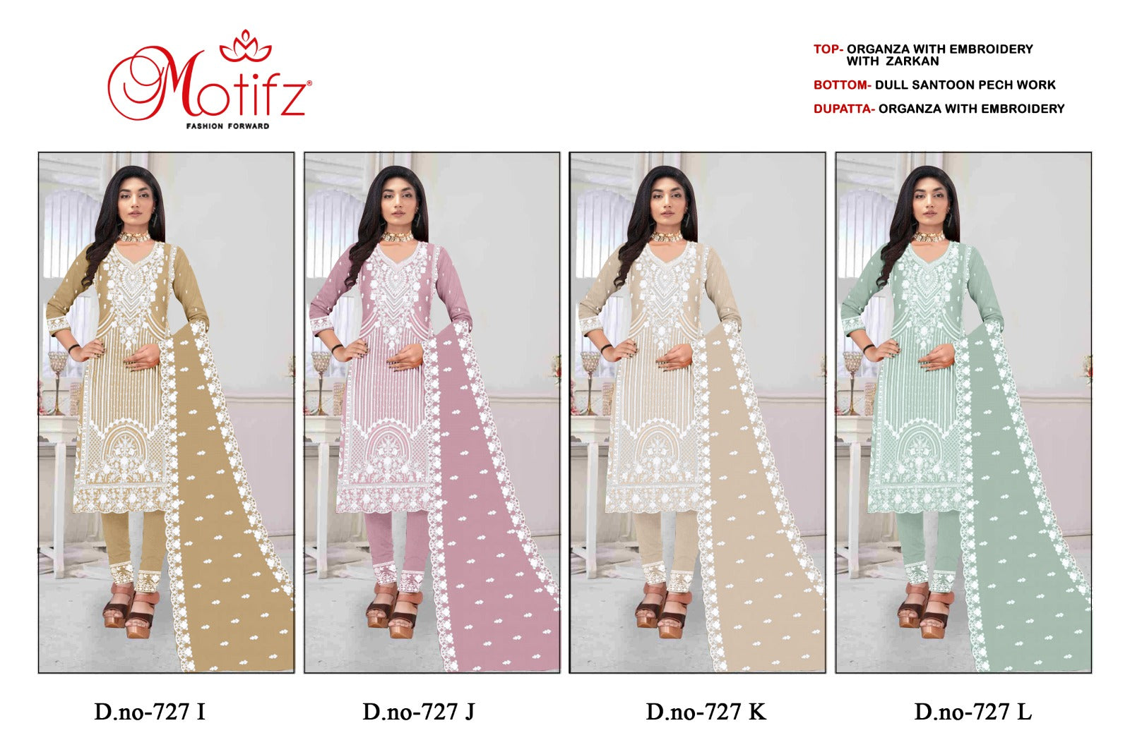Design 727 Ijkl Motifz Organza Pakistani Salwar Suits Wholesale Rate