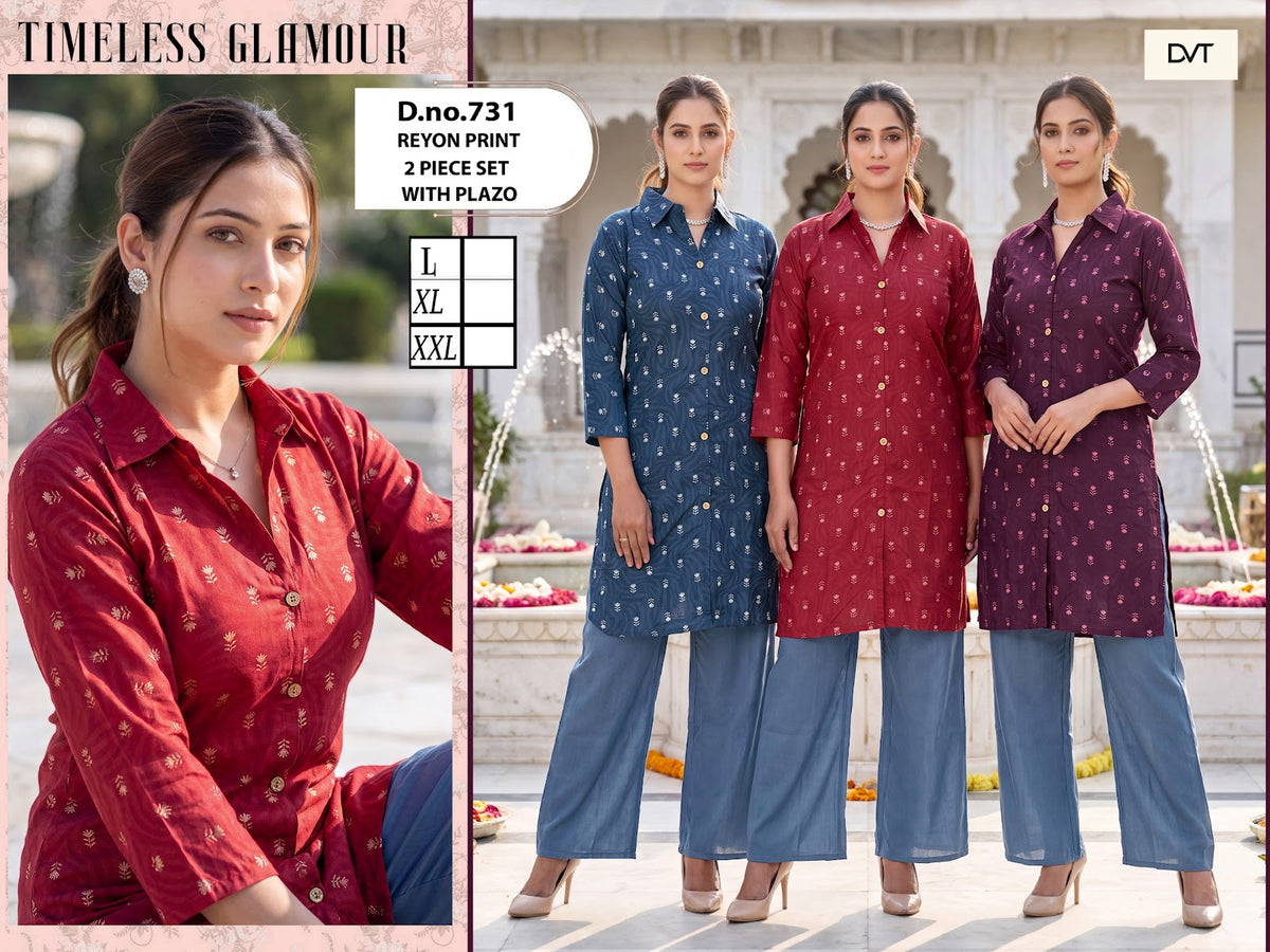 Design 731 Dvt Reyon Kurti Plazzo Set Exporter Ahmedabad