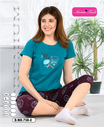 Design 738 Kavyansika Hosiery Cotton Capri Night Suits Exporter India
