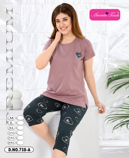 Design 738 Kavyansika Hosiery Cotton Capri Night Suits Exporter India