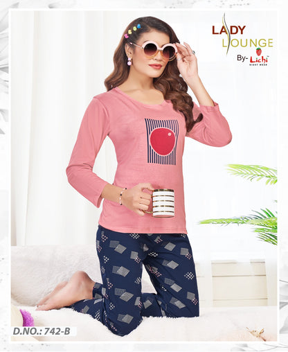 Design 742 Lichi Hosiery Cotton Full Sleeve Night Suits Supplier Ahmedabad