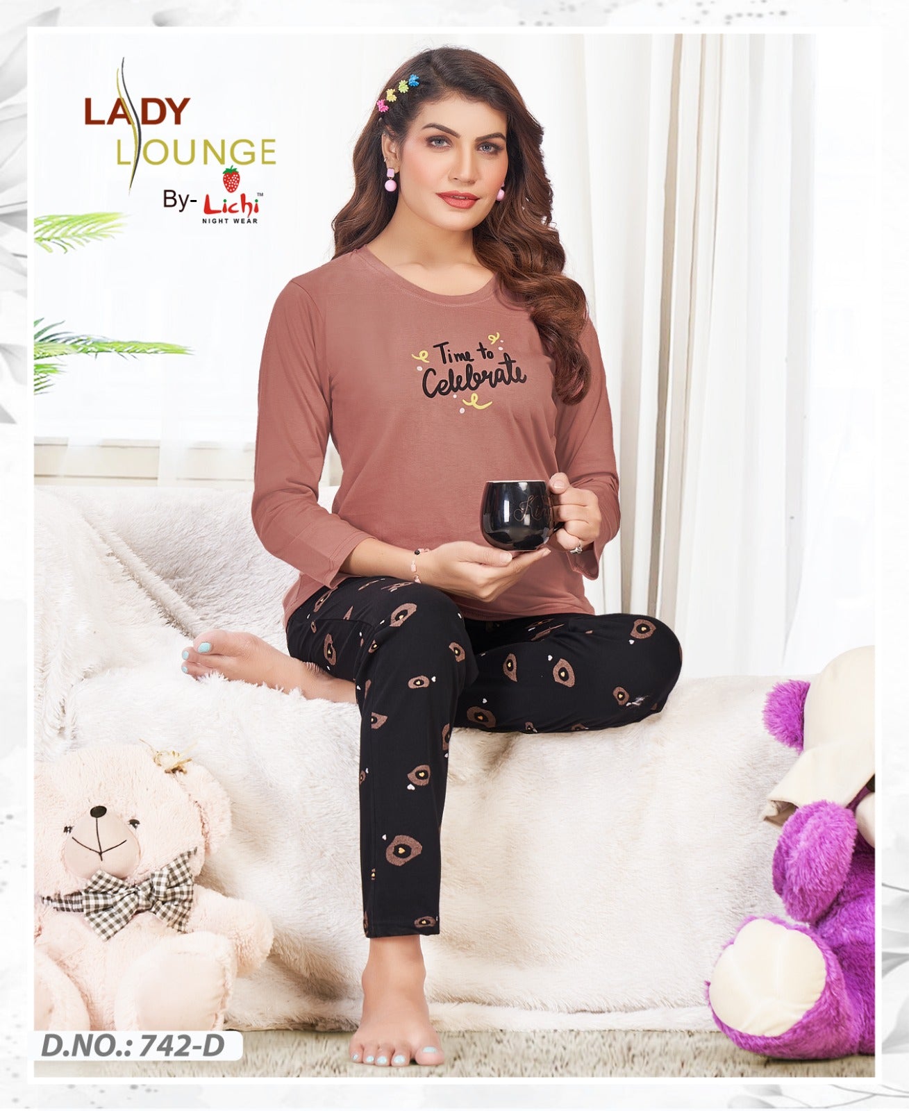 Design 742 Lichi Hosiery Cotton Full Sleeve Night Suits Supplier Ahmedabad