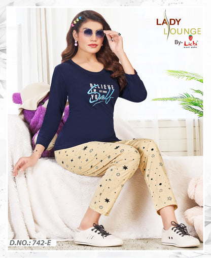 Design 742 Lichi Hosiery Cotton Full Sleeve Night Suits Supplier Ahmedabad