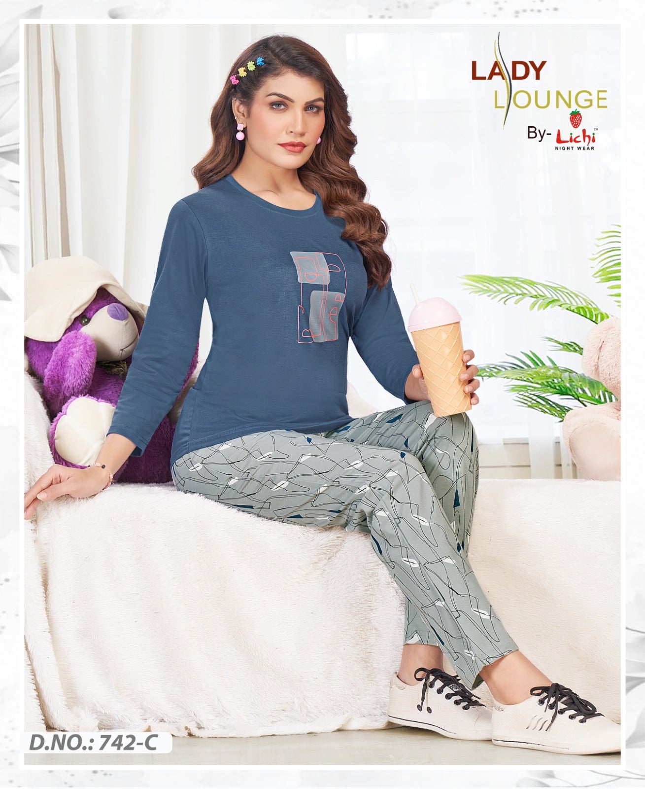 Design 742 Lichi Hosiery Cotton Full Sleeve Night Suits Supplier Ahmedabad