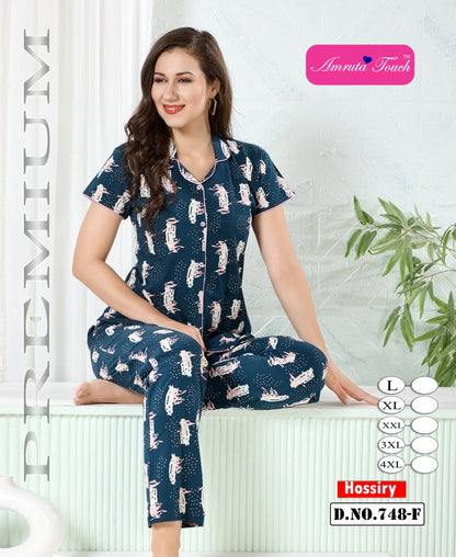 Design 748 Kavyansika Hosiery Cotton Collar Night Suits Wholesaler Ahmedabad