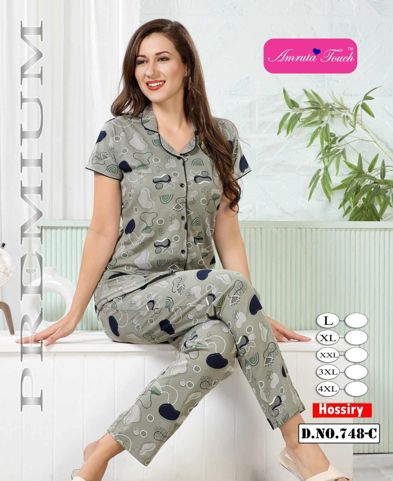 Design 748 Kavyansika Hosiery Cotton Collar Night Suits Wholesaler Ahmedabad