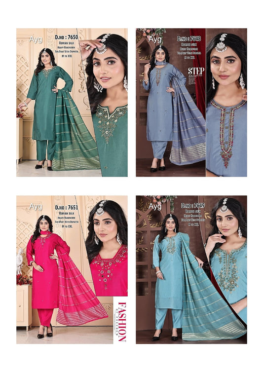Design 7648-7651 Ayg Roman Silk Readymade Pant Style Suits Manufacturer Gujarat