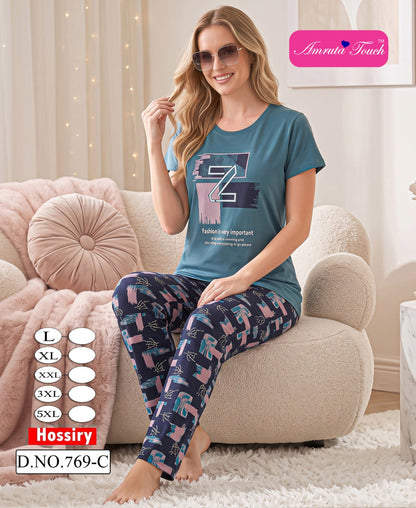 Design 769 Plain-Print Kavyansika Hosiery Cotton Pyjama Night Suits Wholesaler India