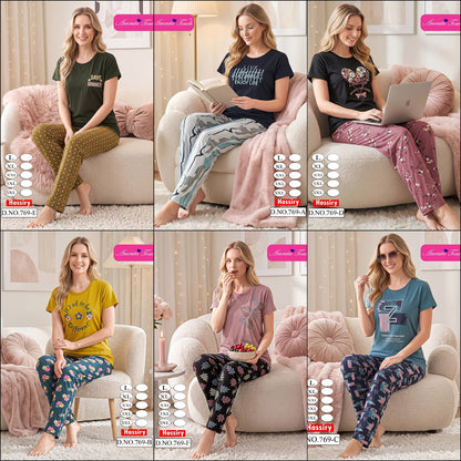 Design 769 Plain-Print Kavyansika Hosiery Cotton Pyjama Night Suits Wholesaler India