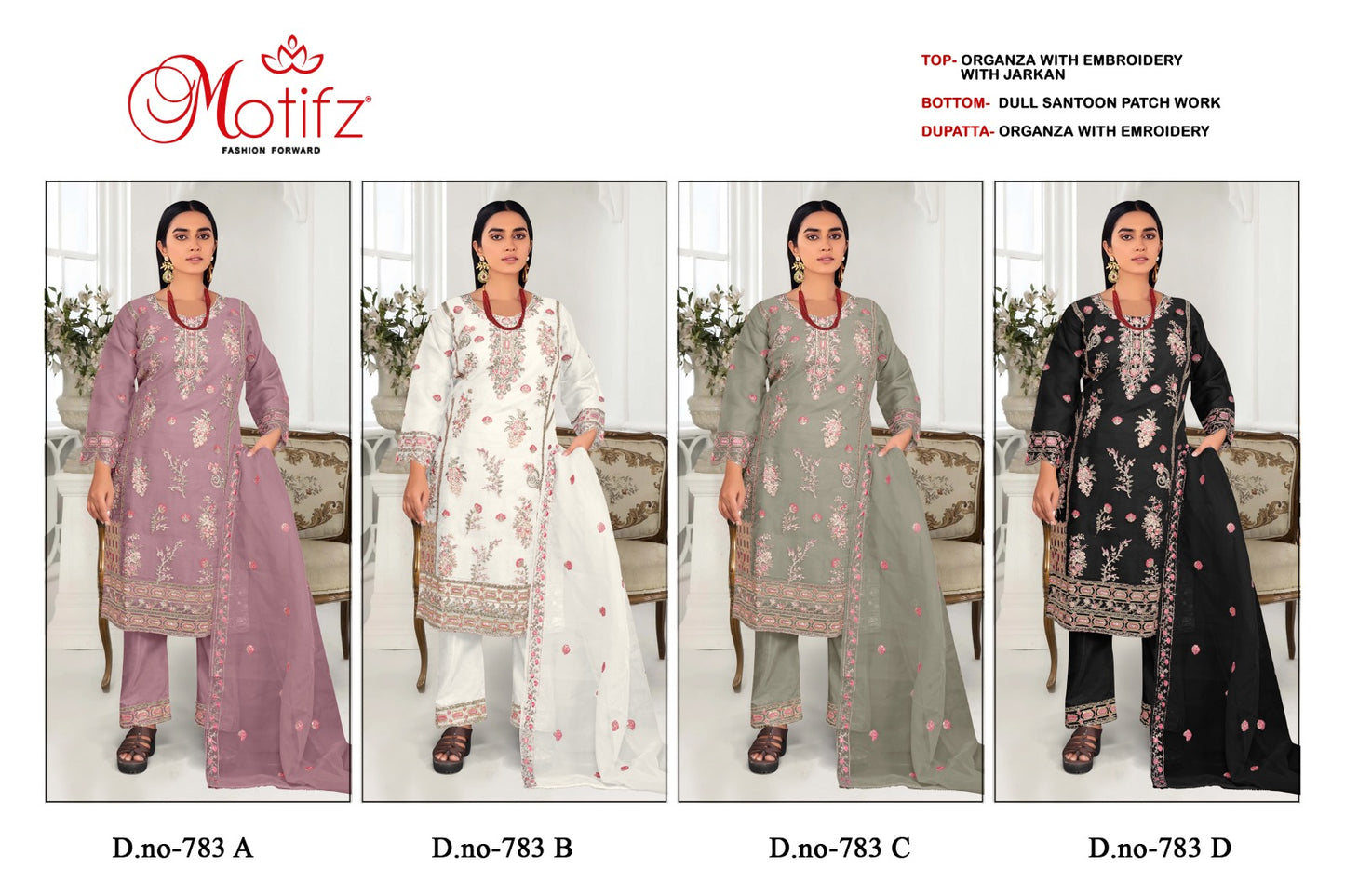 Design 783 Motifz Organza Pakistani Salwar Suits Wholesale Price