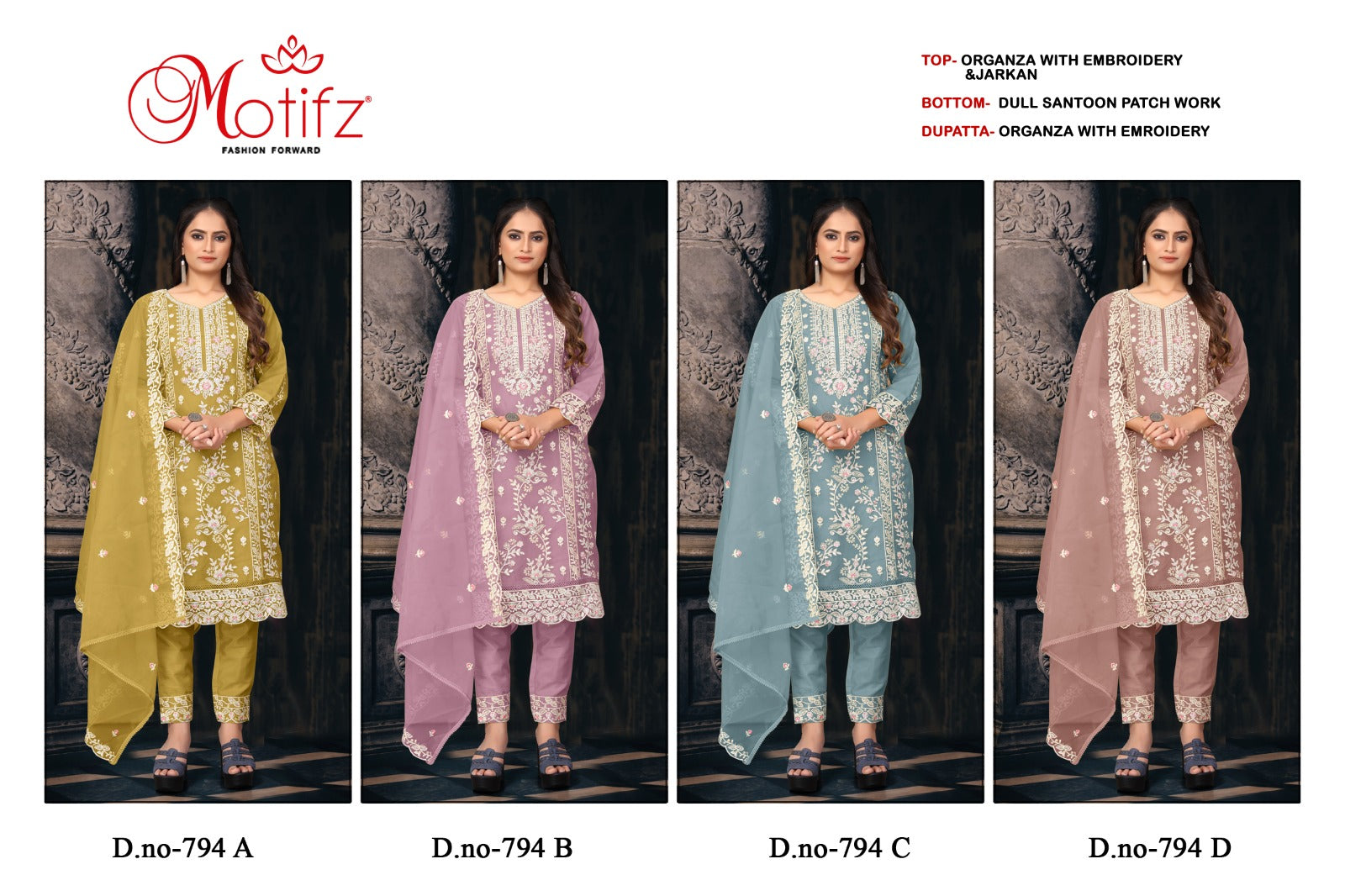 Design 794 Motifz Organza Pakistani Salwar Suits Exporter India