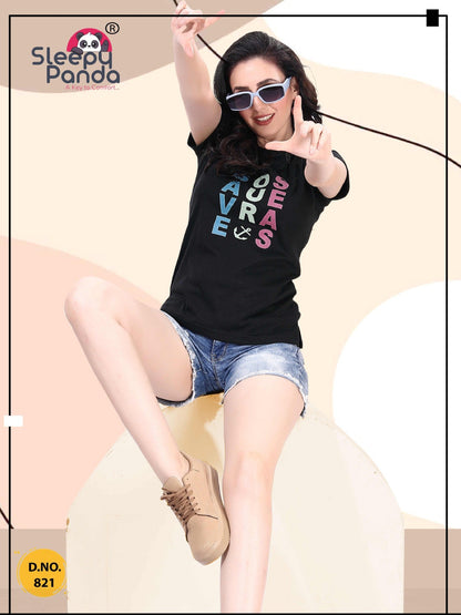 Design 821 Sleepy Panda Lycra Women Tshirt Wholesale Price