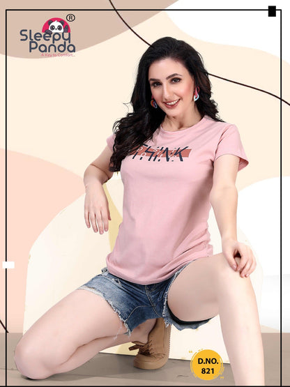 Design 821 Sleepy Panda Lycra Women Tshirt Wholesale Price