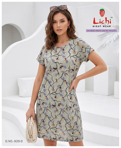 Design 929 Lichi Hosiery Cotton Short Night Gown Exporter Gujarat