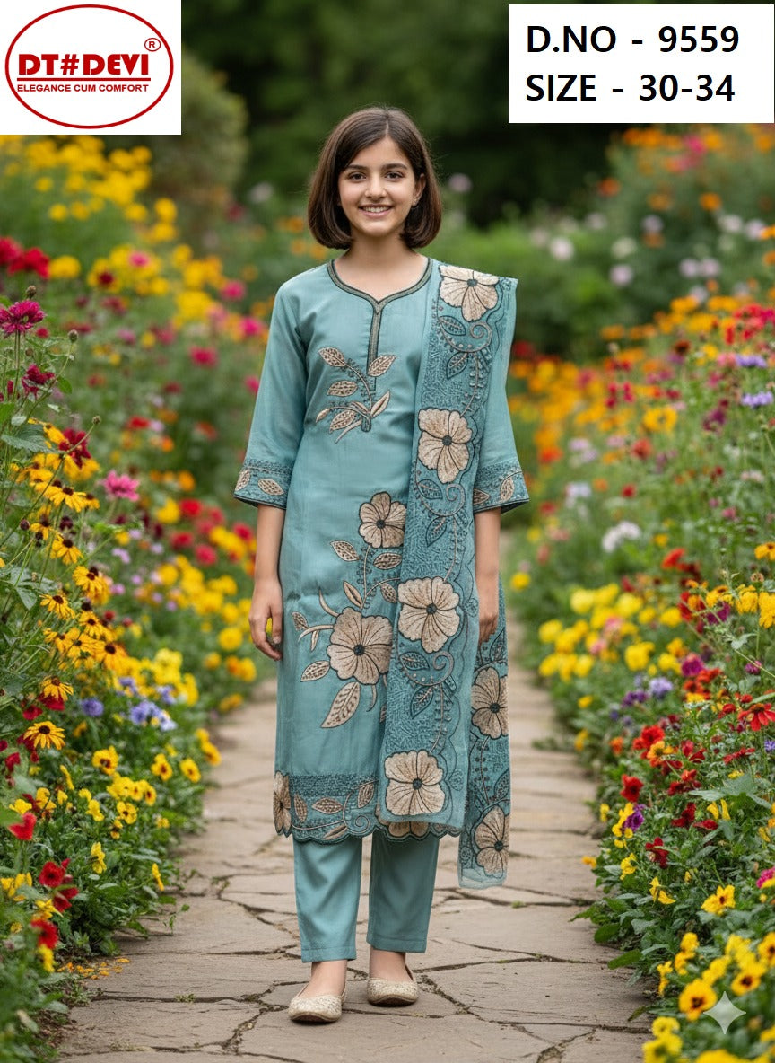 Design 9559 Dt Devi Roman Silk Girls Readymade Pant Suits Exporter Gujarat