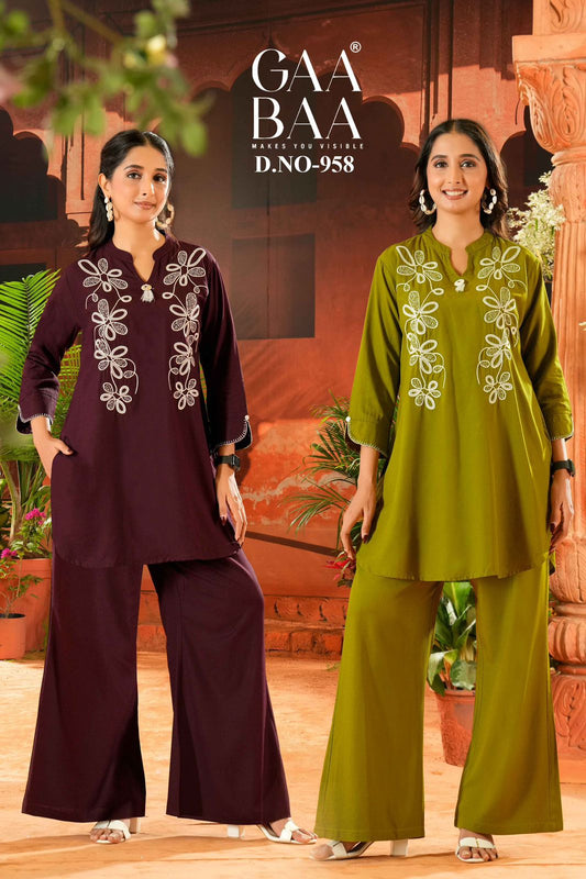 Design 958 Gaabaa Liva Rayon Kurti Plazzo Set Wholesaler Gujarat