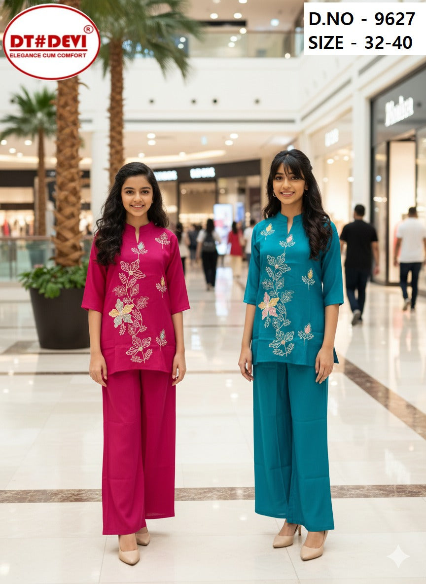 Design 9627 Dt Devi Roman Silk Girls Co Ord Set Supplier