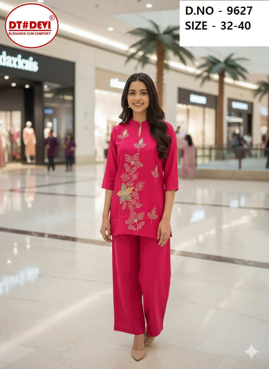 Design 9627 Dt Devi Roman Silk Girls Co Ord Set Supplier