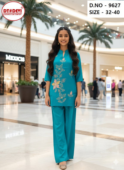 Design 9627 Dt Devi Roman Silk Girls Co Ord Set Supplier