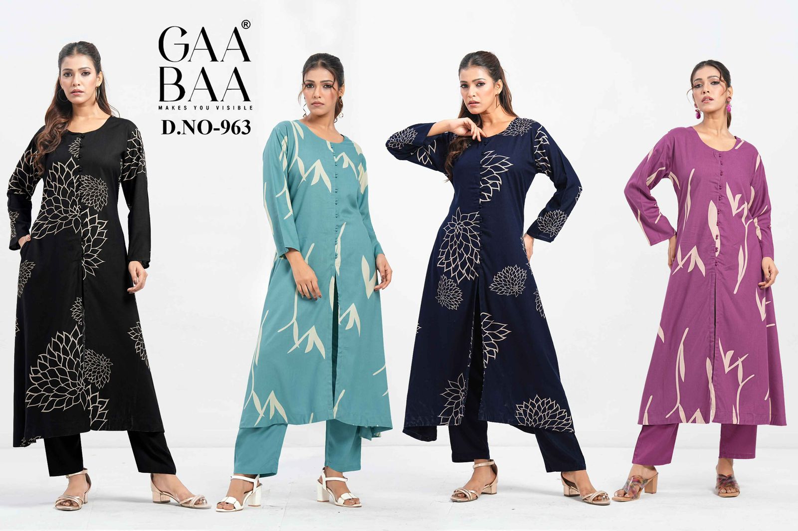 Design 963 Gaabaa Reyon Kurti Pant Set Wholesaler