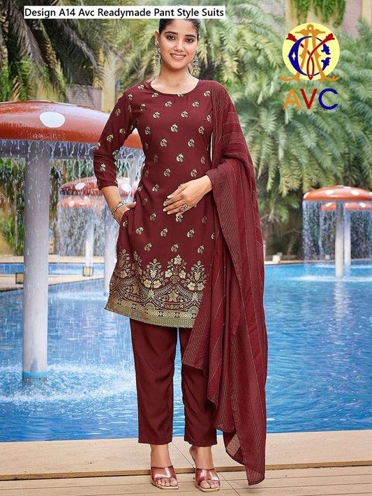 Design A14 Avc Crape Readymade Pant Style Suits Manufacturer Ahmedabad